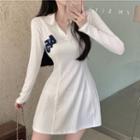 Long-sleeve Number Embroidered Collared Mini A-line Dress