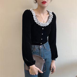 Puff-sleeve Ruffle Trim Velvet Blouse Black - One Size