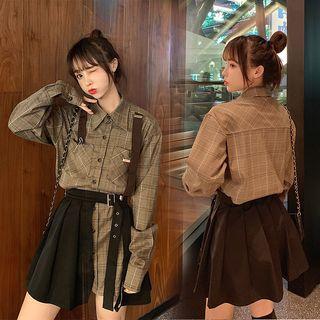 Set: Plaid Long-sleeve Mini Shirtdress + Side-slit Mini Skirt