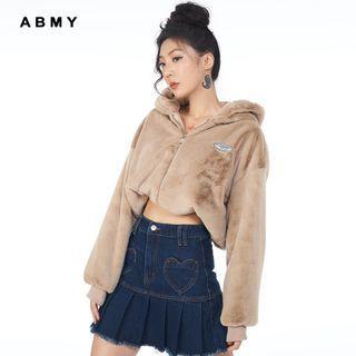 Faux Shearling Hooded Lettering Zip Oversize Jacket