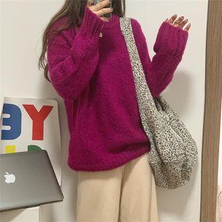 Long-sleeve Plain Knit Top Dragon Fruit - One Size