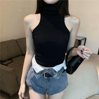 Turtleneck Tank Top / Denim Hot Pants / Belt