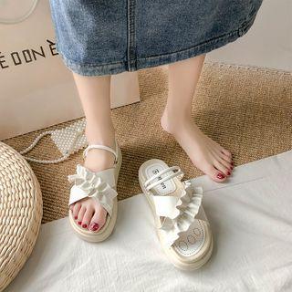 Ruffled Crisscross Platform Flat Sandals