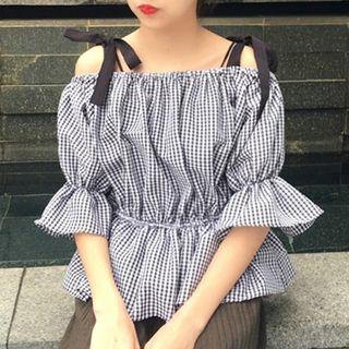 Off-shoulder Strap Gingham Bell-sleeve Blouse