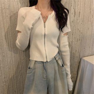Long-sleeve Cutout Plain Cardigan