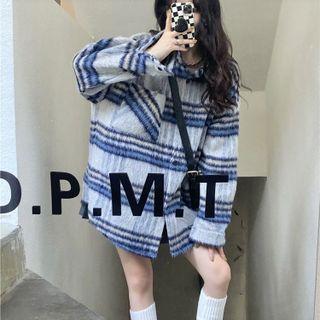 Long-sleeve Striped Loose-fit Shirt Jacket Gray - One Size