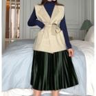 Turtleneck Long Sleeve Top / Pleated Skirt / Tie-waist Vest