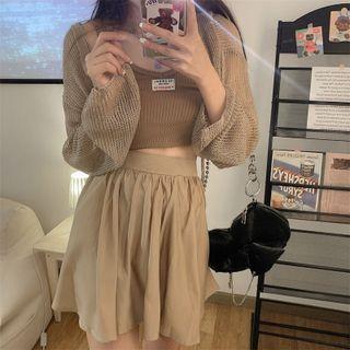 Knit Crop Tank Top / Plain Mini Skirt / Knit Shrug
