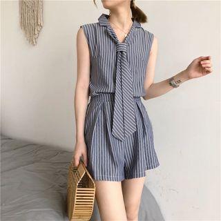 Set: Striped Collared Sleeveless Top + Wide Leg Shorts