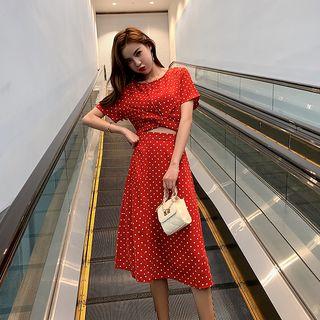 Set: Short-sleeve Dotted Top + Dotted A-line Midi Skirt