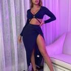 Set Of 2: Long-sleeve V-neck Crop Top + Slit Skirt