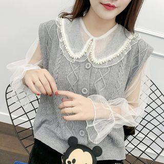 Peter-pan-collar Mesh Long-sleeve Top