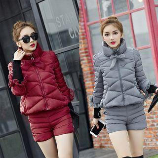 Set: Stand Collar Bow-accent Zip Padded Jacket + Padded Shorts