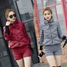 Set: Stand Collar Bow-accent Zip Padded Jacket + Padded Shorts