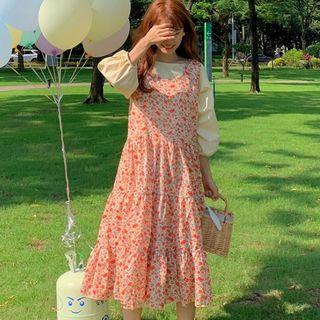 3/4-sleeve Blouse / Floral Sleeveless Midi Dress