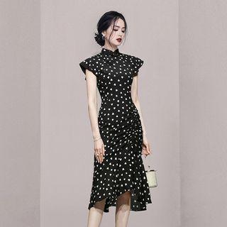 Cap-sleeve Heart Print Drawstring A-line Dress