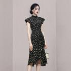 Cap-sleeve Heart Print Drawstring A-line Dress