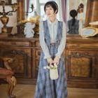 Flower Embroidered Shirt / Plaid Single-breasted Vest / Midi A-line Skirt / Set