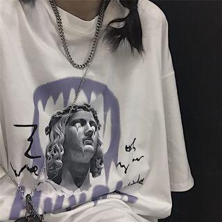 Elbow-sleeve Statue Print T-shirt