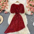 Puff-sleeve Sequined Asymmetrical Midi A-line Cocktail Dress
