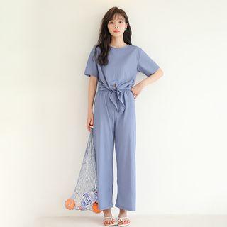 Set: Elbow-sleeve Knotted T-shirt + Wide-leg Pants