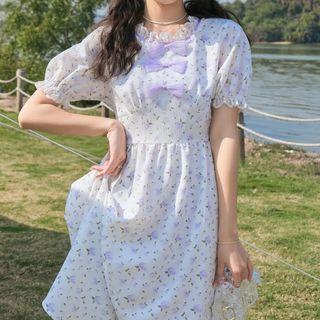 Short-sleeve Lace Trim Bow Floral Printed Dress