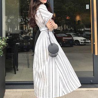 Striped Short-sleeve Shirtdress With Belt As Shown In Figure - One Size