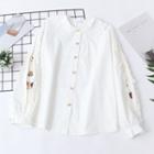 Cat Embroidered Ruffled Blouse White - One Size