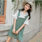 Mock Two Piece Bow Accent Elbow Sleeve Dress