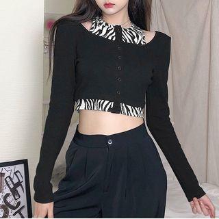 Mock Two-piece Zebra Print Panel Cropped T-shirt