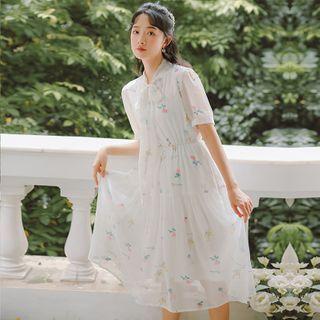 Floral Tie Neck Short-sleeve A-line Dress