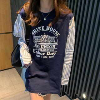 Long-sleeve Striped Panel Print Sweatshirt