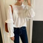 Long-sleeve Lace Trim Mock Neck Blouse Off-white - One Size