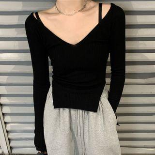 V Neck Split Plain Knit Top Top - One Size