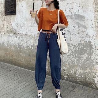 Elbow-sleeve Cropped Lettering T-shirt / Sweatpants