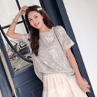 Short-sleeve Sequined T-shirt / Asymmetric Chiffon Midi Skirt