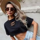 Short-sleeve Round Neck Distressed Cropped T-shirt