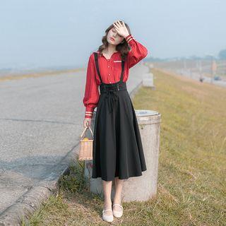 Set: Long-sleeve Shirt + Suspender Midi Skirt