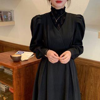 Mock Two-piece High-neck Lace Panel Puff-sleeve A-line Dress