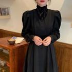 Mock Two-piece High-neck Lace Panel Puff-sleeve A-line Dress
