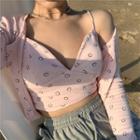 Set: Smiley Face Print Cropped Light Jacket + Smiley Face Print Cropped Camisole Top Set - One Size