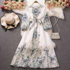 Puff-sleeve Printed Midi Smock Dress