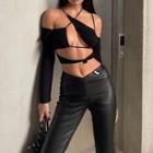 Plain Long Sleeve Off-shoulder Cut-out Cropped Top
