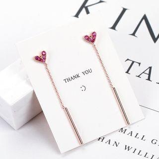 925 Sterling Silver Rhinestone Heart & Bar Dangle Earring 1 Pair - Silver & Gift Case - One Size