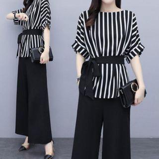 Set: Elbow-sleeve Striped Top + Pants