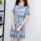 Set: Short-sleeve Floral Chiffon Dress + Slipdress