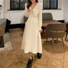 Lapel Contrast Trim A-line Long-sleeve Dress