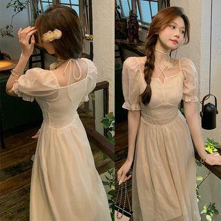 Puff Sleeve Square Neck Strappy Plain A-line Dress