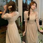 Puff Sleeve Square Neck Strappy Plain A-line Dress