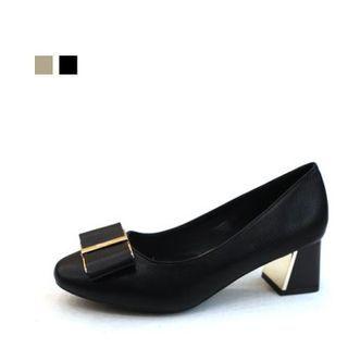 Block-heel Bow Pleather Pumps